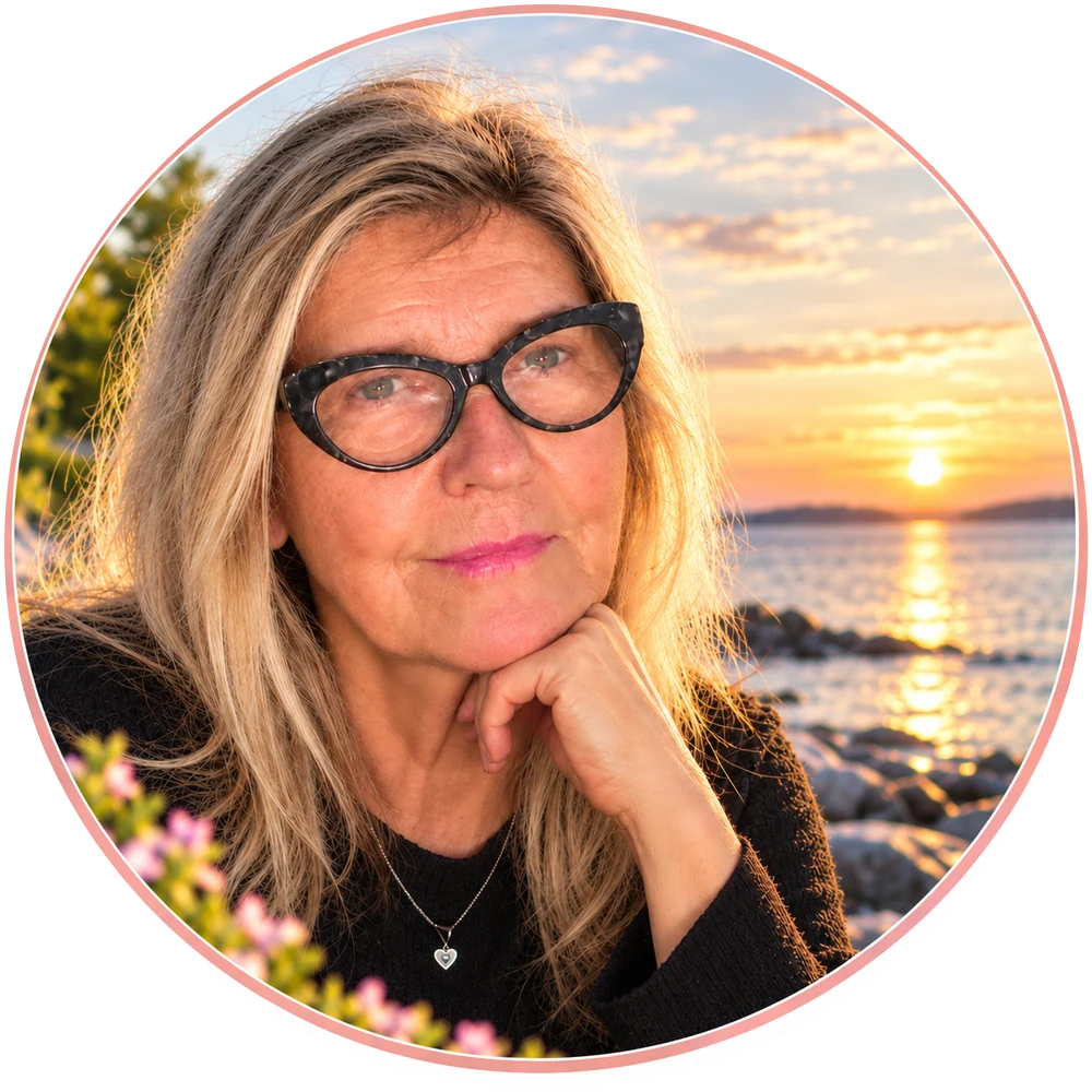Porträtt av Linnéa Florin vid havet i solnedgång